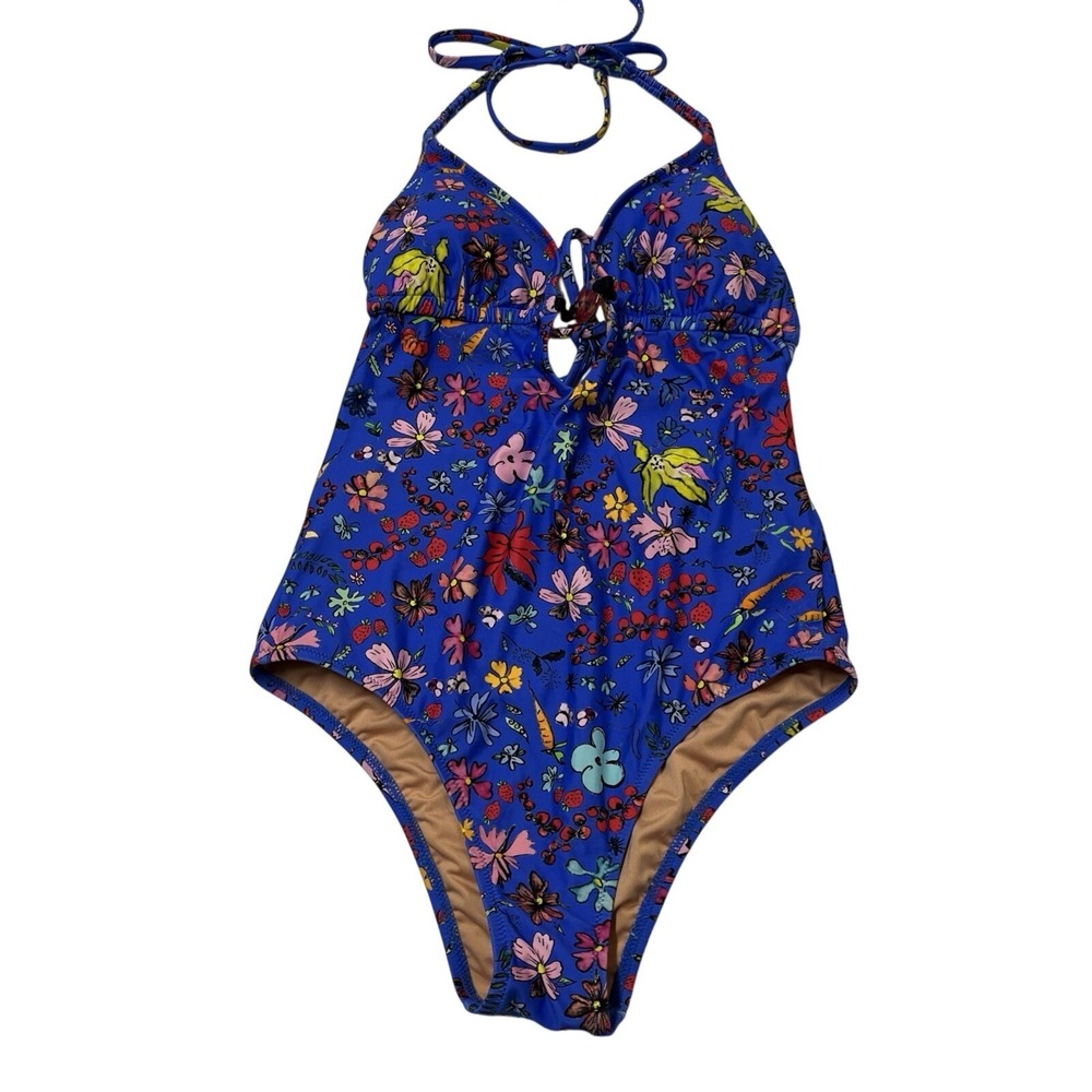 Dauphinette X J Crew Swimsuit Blue Floral One Piece Cornucopia Plunge Size 10